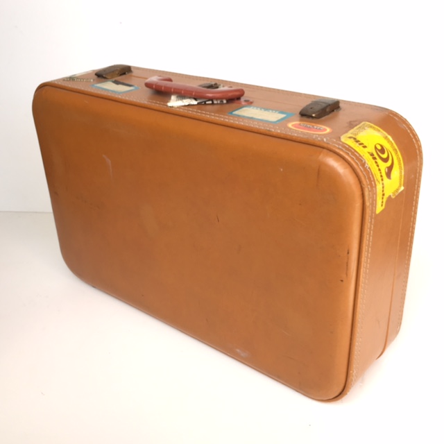 SUITCASE, Large Tan Hard Case w Stickers - 1970-80s